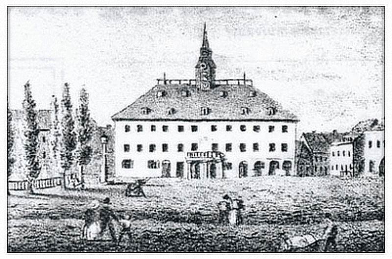 Das Annaberger Rathaus auf einer alten Zeichnung.